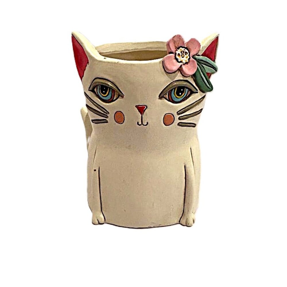 Allen Designs Baby Pretty Kitty Ceramic cat planter w/stopper pencil holder 5"